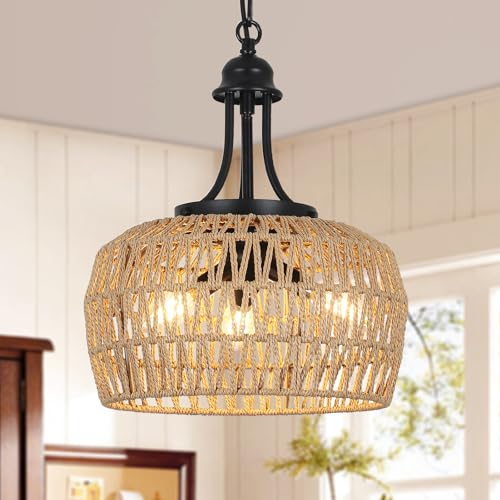 Brown 3-Light Farmhouse Rattan Chandelier for Dining, Kitchen & Bedroom