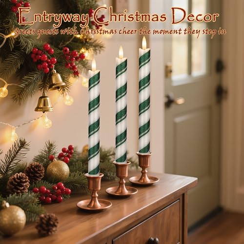 JOIONE Flameless Candles with Remote - 3 Pack Christmas Green Stripe Taper Candles
