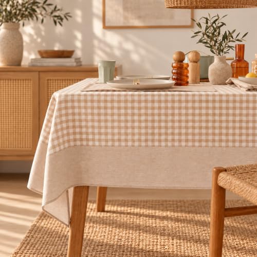 Monday Moose Beige Gingham 60x120 in Stonewashed Cotton Tablecloth – Rectangular Picnic/Dining