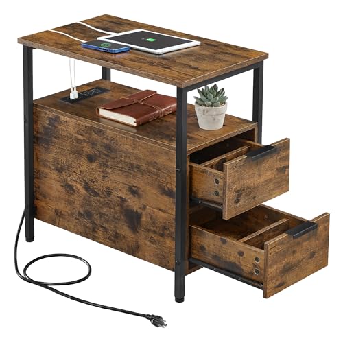 VASAGLE Rustic Brown & Ink Black Side End Table with Charging Station, Narrow Nightstand with Storage - 23.6"D x 11.8"W