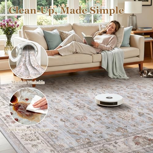 Dusty Blue-Gray Floral Area Rug 9x12 Non-Slip Water-Resistant Carpet