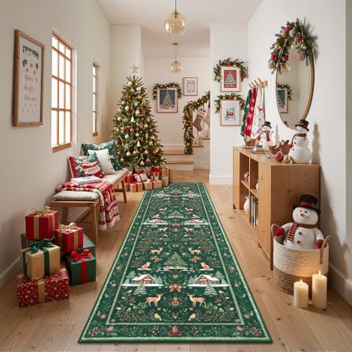 Green 2x8 Christmas Runner Rug Non Slip Washable for Kitchen Hallway Entryway