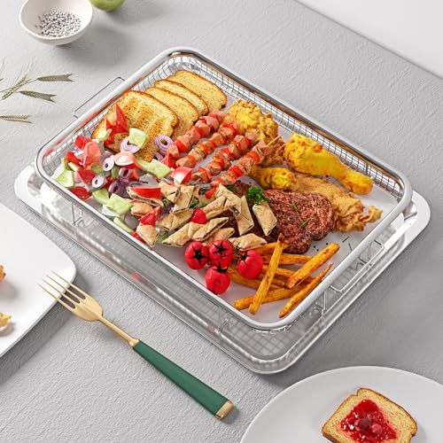 OPENICE 2-Piece Air Fryer Basket & Crisper Tray Set for Oven – 15.6"×11.6" & 12.8"×9.6" with Parchment Papers