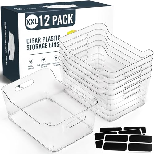 XXL Large Clear Plastic Storage Bins Set of 12 with Labels - Home & Kitchen Organization