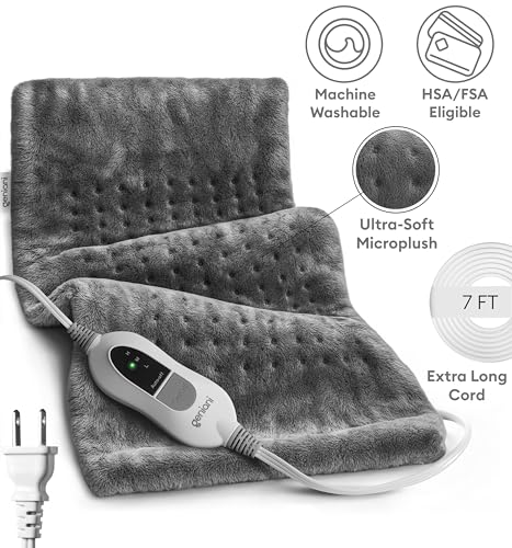 GENIANI Electric Heating Pad for Back & Neck Pain Relief, 12x24 Tabby Gray