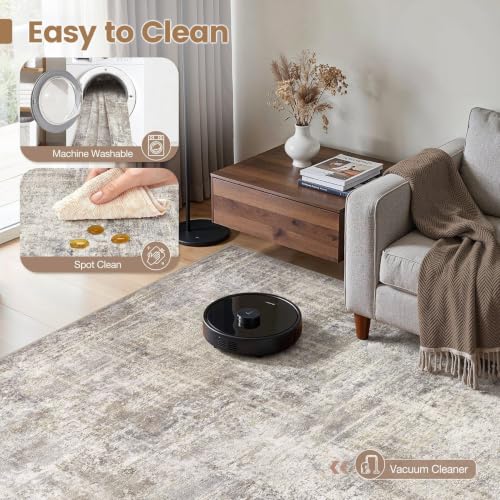 Cotiled 9x12 Area Rug for Living Room - Abstract Washable Carpet, Brown & Grey