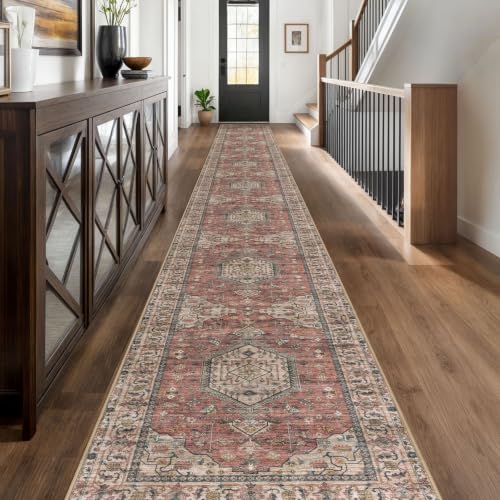 Extra Long Runner Rug for Hallway 2.6x20 ft - Washable Terracotta Pink Non-Slip