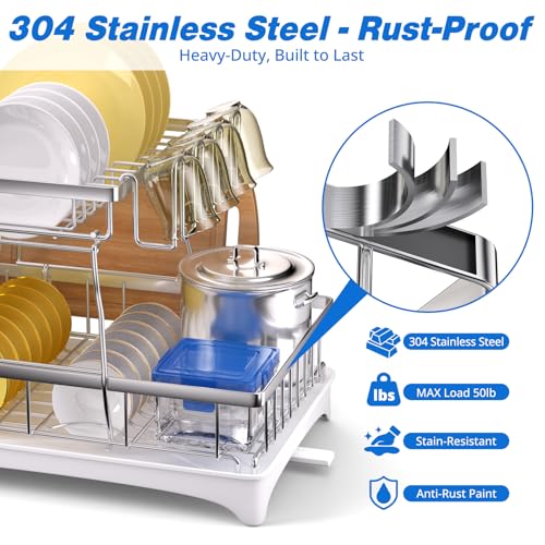 Godboat Silver 2-Tier Stainless Steel Dish Drying Rack with Auto Drain System