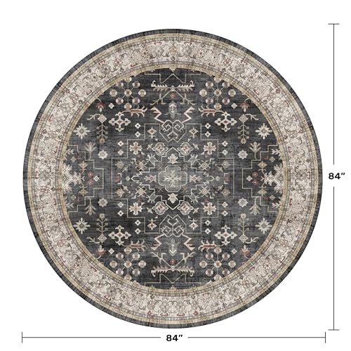 Ashen Round 7ft Boho Washable Area Rug - Non Slip Vintage Carpet for Living Room