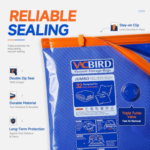 Vacbird 15 Pack Vacuum Storage Bags with Rechargeable Cordless Pump - Space Saver for Clothes Bedding and More
