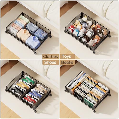 Under Bed Storage with Wheels - 4 Pack Black Shoe Organizers, Foldable & Durable