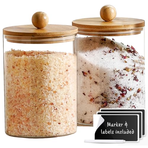 Le'raze 2-Pack Glass Canisters with Airtight Bamboo Lids, Labels & Marker - 68oz Kitchen Food Storage Jars for Pantry & Baking