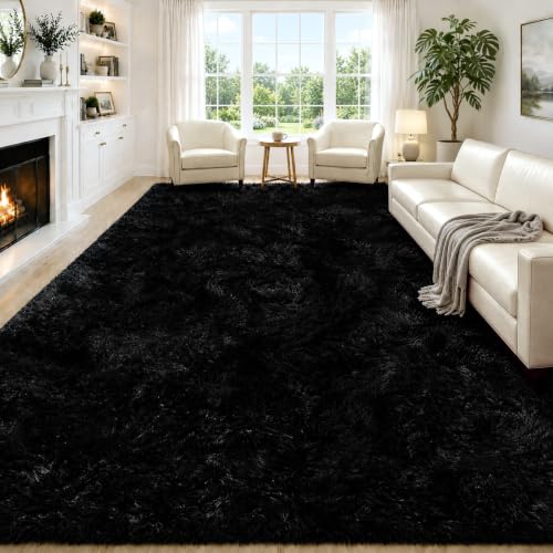 Black 8x10 Shag Area Rug for Living Room & Bedroom - Fluffy Non-Slip Carpet