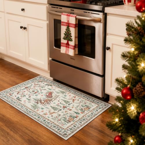2x3 Beige Christmas Rug for Entryway, Washable Holiday Floor Mat