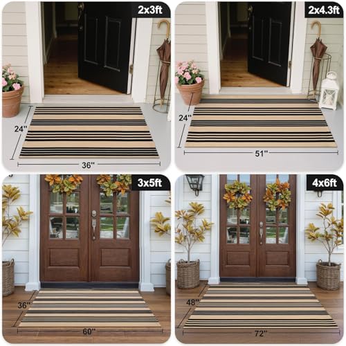 Outdoor Rug 3x5 ft Black and Tan Striped Porch Mat - Farmhouse Decor, Durable & Easy to Clean - Variation: Tan/Black Stripe / 3' x 5'