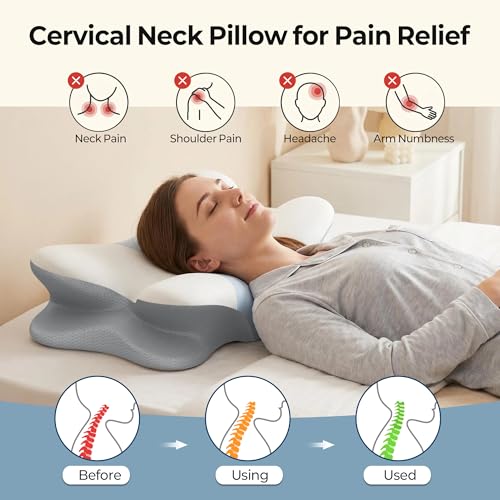ROPÜ White & Blue Cervical Neck Pillow - Contour Memory Foam for Pain Relief & Support