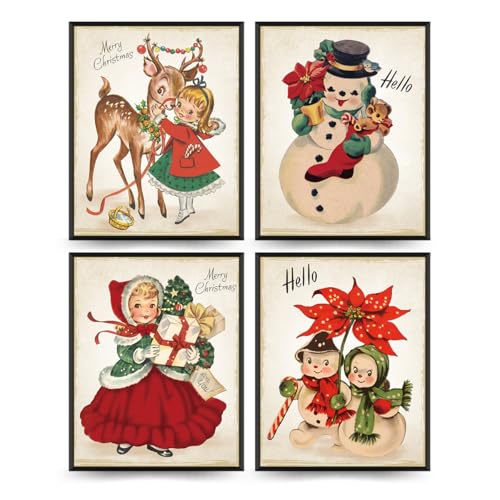 PLKMN Vintage Snowman Christmas Wall Art Print Set of 4, 8x10in Unframed