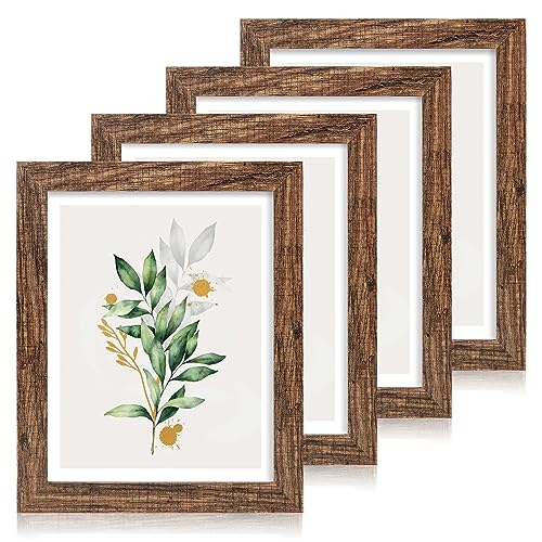 Hongkee Rustic Brown 11x14 Picture Frame Set of 4 with Glass & Mat for Wall or Table Display
