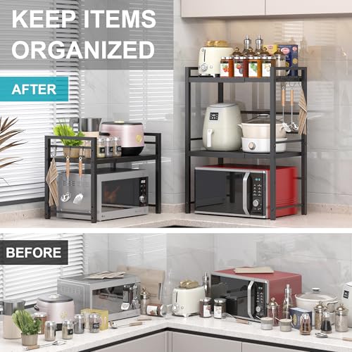 Black 3-Tier Expandable Microwave Oven Rack with Hooks - Space-Saving Kitchen Organizer