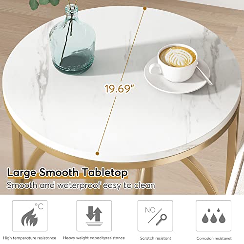 20-Inch Round End Table with Gold O-Shaped Base and Faux Marble Top - Modern Living Room Accent