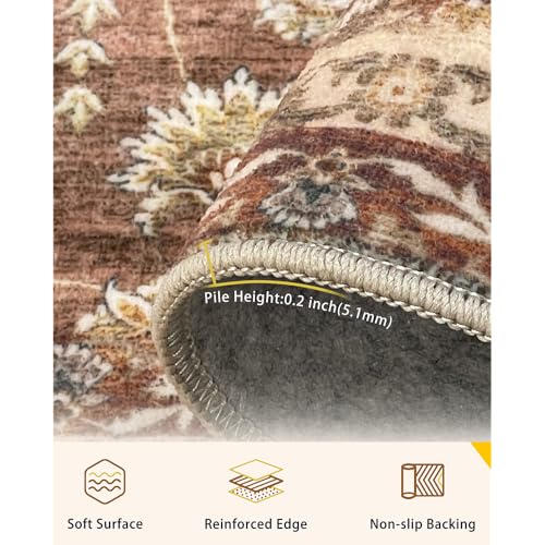 8x10 Reddish Brown Washable Area Rug for Living Room - Vintage Print, Pet-Friendly, Non-Slip