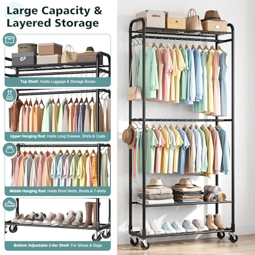 Portable 3-Tier Clothes Rack with Adjustable Shelves and Wheels - Black / Multi