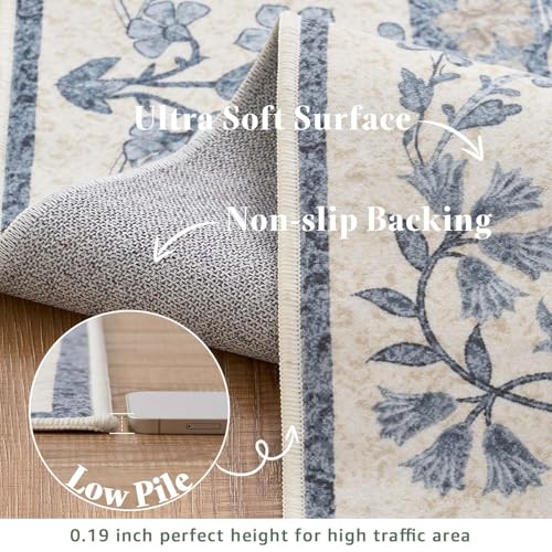 Jinchan Blue/Cream 3x10 Washable Floral Hallway Runner Rug Non-Slip