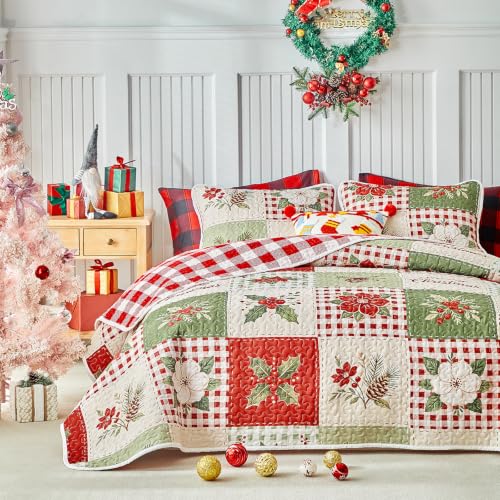 Christmas Patchwork Quilt Set Twin Size - 2 Pieces Green Red Plaid Bedding