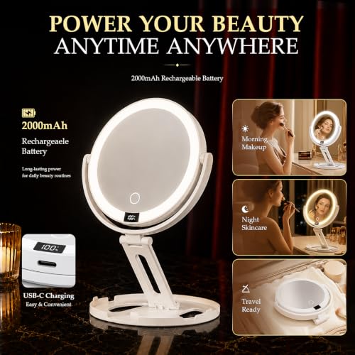 Velmelle White Travel Makeup Mirror with Lights, 1X/30X Dual-Sided Magnification