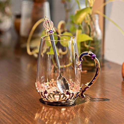 SWTHONY 12OZ Glass Fancy Tea Cup Mug with Spoon European Style Carved Flowers Gift Box