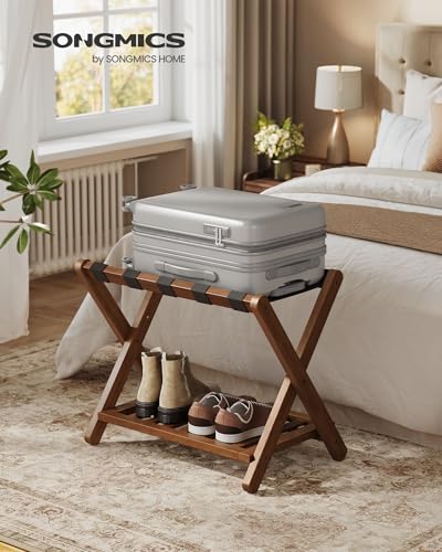 SONGMICS Solid Wood Luggage Rack 2 Pack with Storage Shelf, No Assembly, Coffee Brown