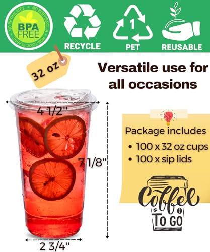 Aatriet 32 oz Clear Plastic Cups with Strawless Sip Lids - 100 Pack, Disposable To-Go Cups for Cold Drinks & Smoothies