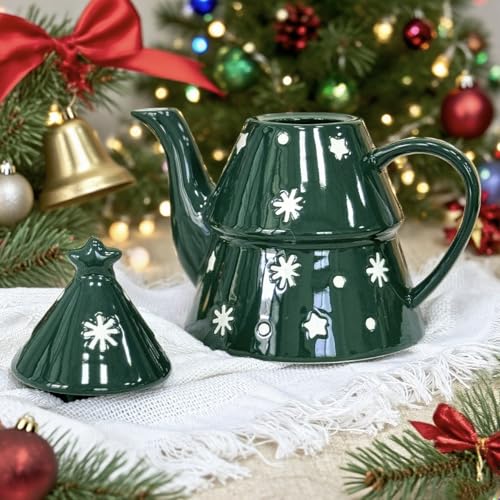 Domini Christmas Pot - 28oz Festive Holiday Teapot with Christmas Tree Design