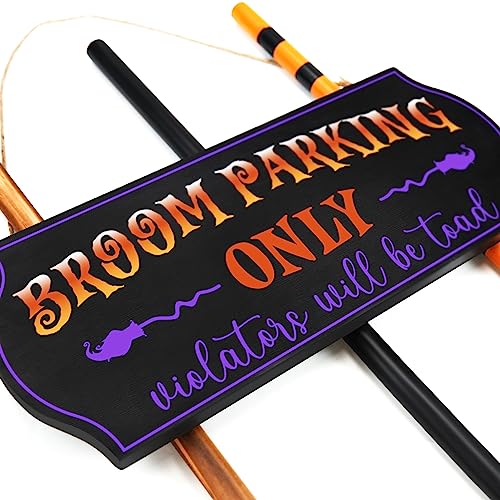Halloween Broom Parking Sign with 3 Wooden Witch Brooms - Spooky Porch Decor