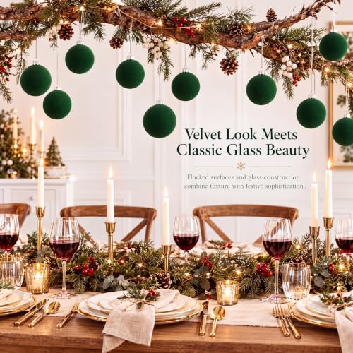 Sosation 12 Pcs Dark Green Velvet Christmas Ornaments, 3.15" Glass