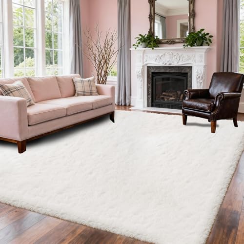White 9x12 Shag Area Rug for Living Room & Bedroom - Ultra Soft Fluffy Furry Carpet