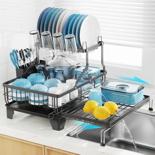 GSlife 2-Tier Expandable Dish Drying Rack for Sink & Counter - Black