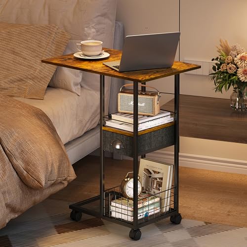 Black Large Rolling C-Shaped Side Table with Drawer & Wheels