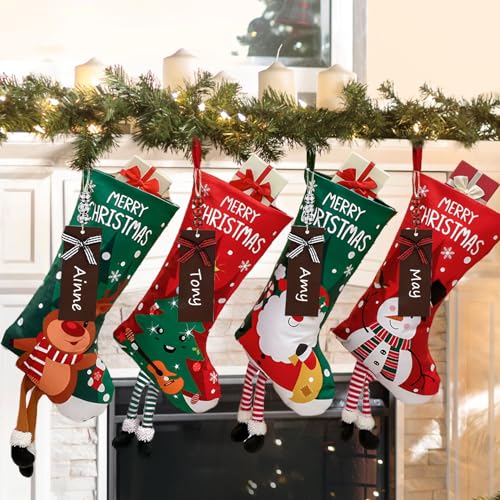 Personalized 18in Christmas Stockings 4-Pack with Wooden Name Tags Deer Santa Snowman