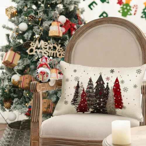 RABUSOFA Christmas Pillow Cover 12x20 Inch Indoor Outdoor Waterproof Merry Christmas Tree Stars Snowflake Decoration Holiday Winter Holiday Pillow Case for Couch Decor Gray and Red