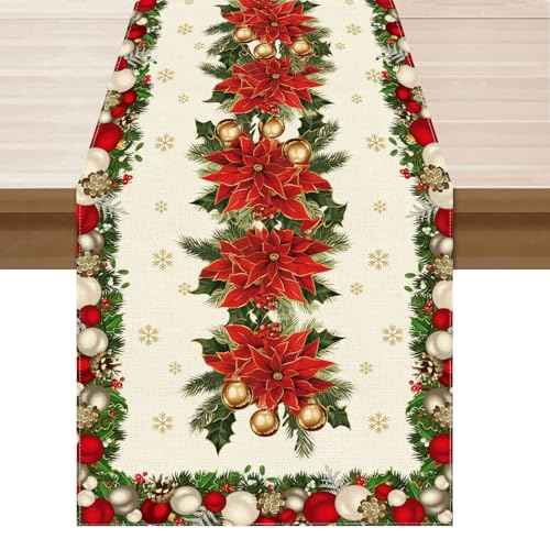 XCHI Christmas Poinsettias Leaves Bells Snowflakes Winter Xmas Table Runner Table Decoration for Home Kitchen Dining Holiday Decor 13x72 Inch