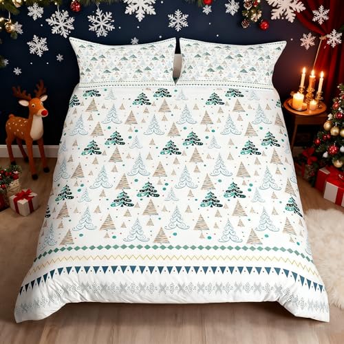 Christmas Trees Kids Duvet Cover Set Queen Size,Snowflake Dots Waves Patchwork Bedding Set,Girls Boys Adults Xmas Decor,Merry Christmas Rustic Cabin Comforter Cover,Green Quilt Cover,2 Pillowcases