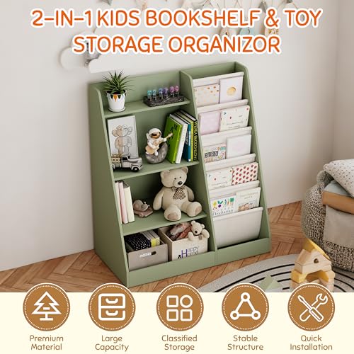 HADAMUYE 2-in-1 Kids Bookshelf and Toy Storage Organizer - Green