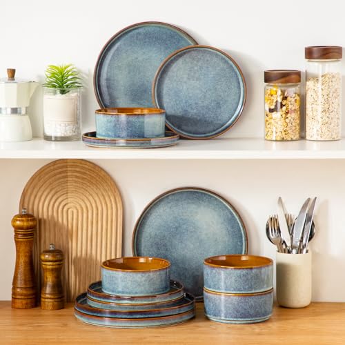 Vancasso Onion Ceramic Dinnerware Set for 4 - 12 Pieces Blue Reactive Glaze