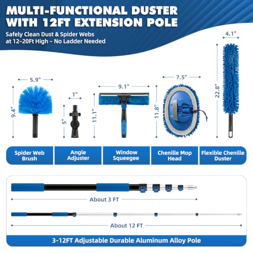 High Reach Duster Kit with 3-12FT Telescopic Extension Pole for Ceiling & Fan Cleaning