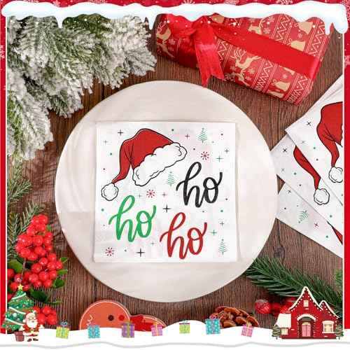 100 Pcs Funny Christmas Napkins, Disposable Christmas HoHoHo Cocktail Napkins Santa Holiday Paper Napkin Xmas Beverage Dessert Napkin for Winter, Holiday Dinner, 5 * 5 Inch