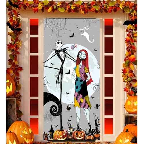 Jack Skellington Sally Banner Nightmare Before Christmas Halloween Decorations Door Cover Xmas Porch Door Sign Welcome Banner for Indoor Outdoor Wall Home