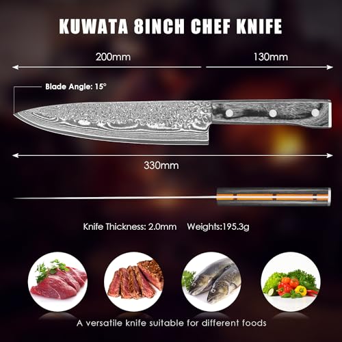 Kuwata 8 Inch Damascus Chef Knife - Japanese VG10 Steel with G10 Handle & Gift Box