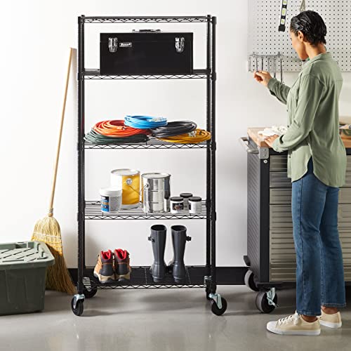 Heavy Duty Garage Shelving Storage Rack with Wheels - 5-Shelf, 30 x 14 x 64.75 inches, Black, Adjustable Steel Organizer