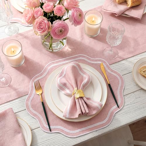 Breling Pink Cotton Scalloped Embroidered Placemats Set of 6 - Elegant Table Decor